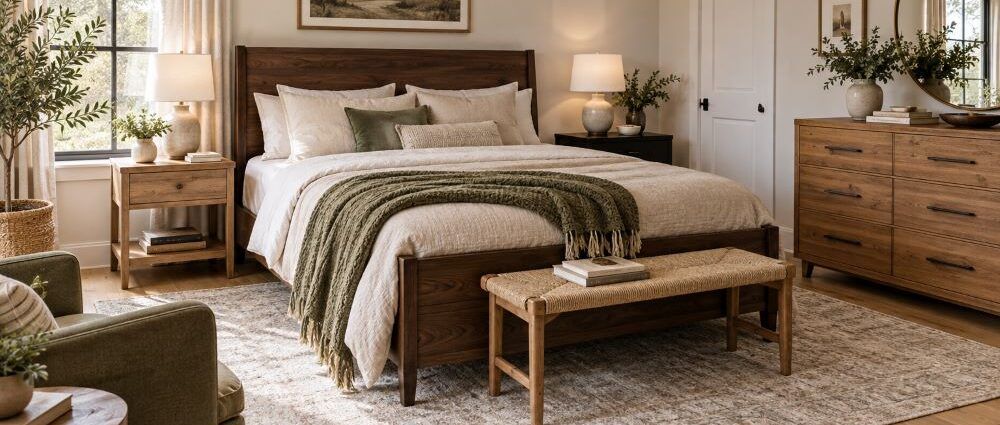 Bedroom mixing light and dark wood tones with oak flooring and walnut furniture
