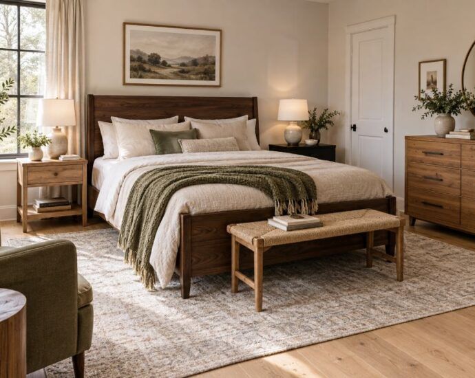Bedroom mixing light and dark wood tones with oak flooring and walnut furniture