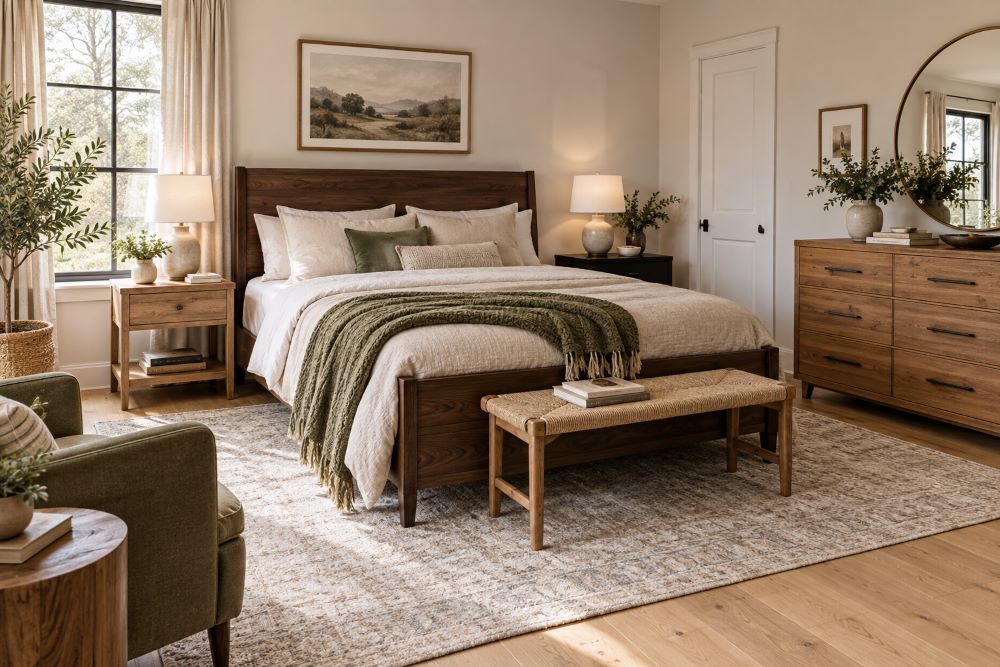 Bedroom mixing light and dark wood tones with oak flooring and walnut furniture