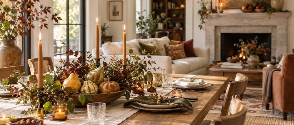 Thanksgiving decorating ideas with a low table centerpiece, candles, autumn fruit and layered fall colors