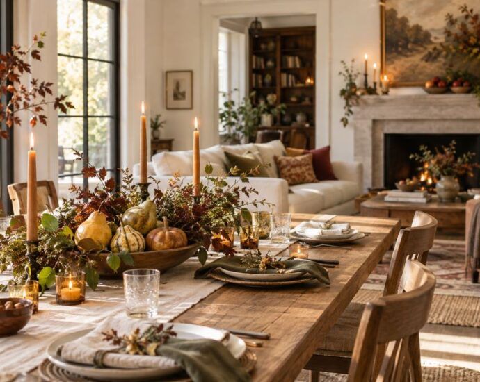 Thanksgiving decorating ideas with a low table centerpiece, candles, autumn fruit and layered fall colors